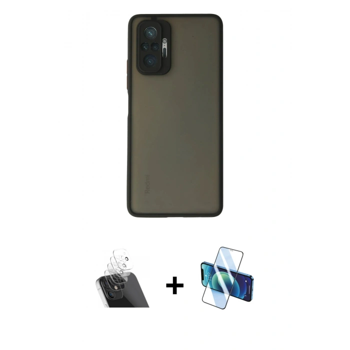 MARSİLYAN™- Redmi Note 10 Pro Kılıf Ahenk Çizgi Serisi - Siyah 3D Antistatik Cam Ekran Koruyucu + Kamera Lens Koruma Cam - SF