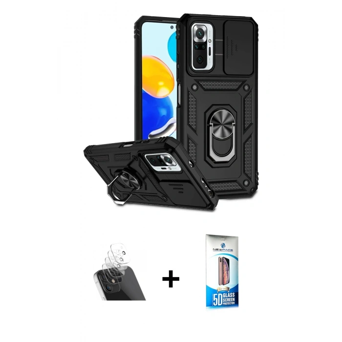 MARSİLYAN™- Redmi Note 10 Pro Kılıf Ahenk Klasik - Siyah 5D Eko Cam Ekran Koruyucu + Kamera Lens Koruma Cam - SF