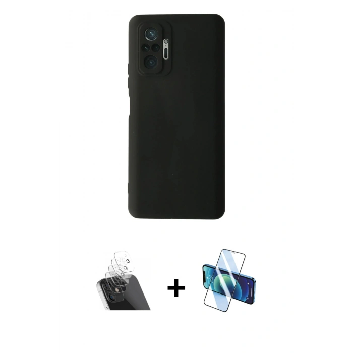 MARSİLYAN™- Redmi Note 10 Pro Kılıf Ahenk Serisi - Siyah 3D Antistatik Cam Ekran Koruyucu + Kamera Lens Koruma Cam - SF