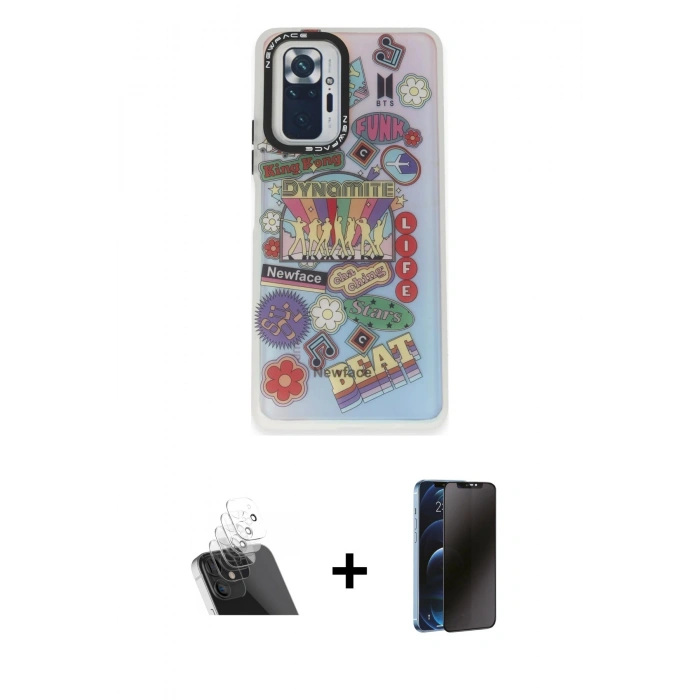MARSİLYAN™- Redmi Note 10 Pro Kılıf Siluet Çizgi Koleksiyonu - Siyah 3D Antistatik Hayalet Cam Ekran Koruyucu + Kamera Lens Koruma Cam - SF