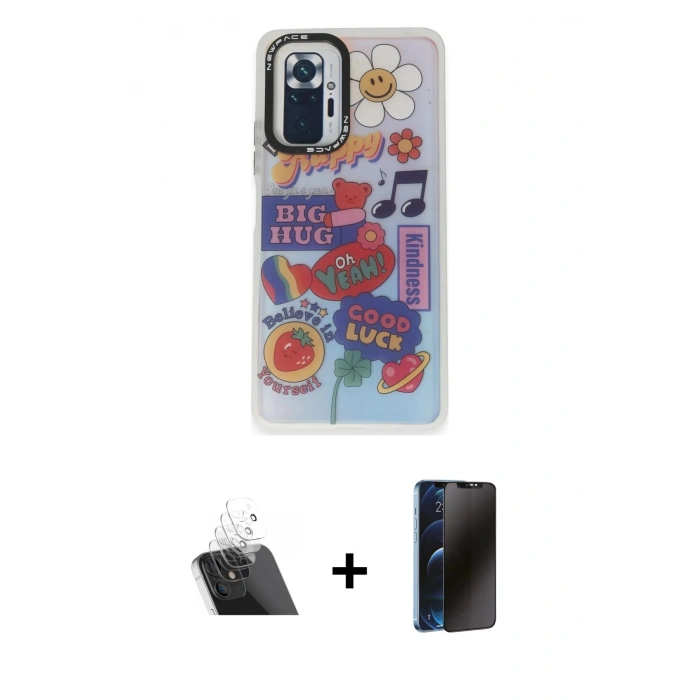 MARSİLYAN™- Redmi Note 10 Pro Kılıf Siluet Çizgi Koleksiyonu - Siyah 3D Antistatik Hayalet Cam Ekran Koruyucu + Kamera Lens Koruma Cam - SF