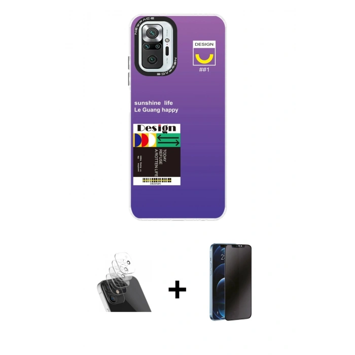 MARSİLYAN™- Redmi Note 10 Pro Kılıf Siluet Çizgi Koleksiyonu - Siyah 3D Antistatik Hayalet Cam Ekran Koruyucu + Kamera Lens Koruma Cam - SF