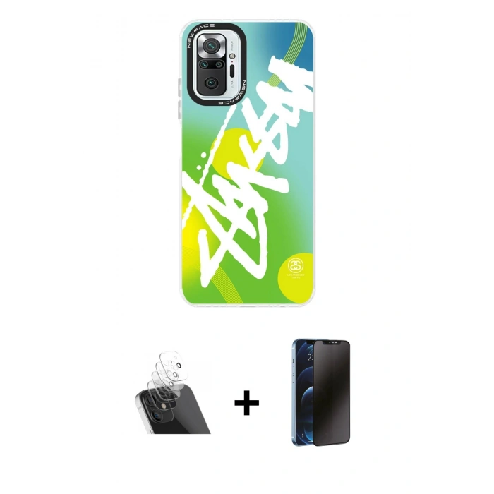 MARSİLYAN™- Redmi Note 10 Pro Kılıf Siluet Çizgi Koleksiyonu - Siyah 3D Antistatik Hayalet Cam Ekran Koruyucu + Kamera Lens Koruma Cam - SF