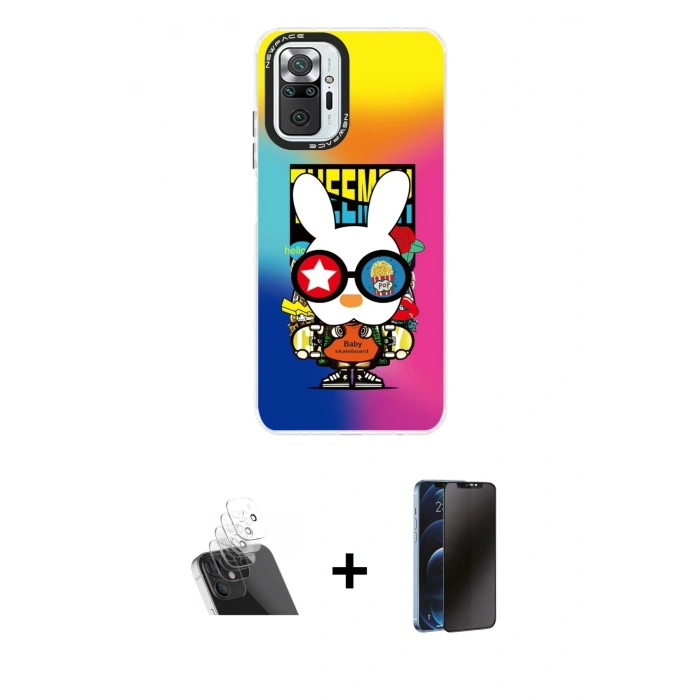 MARSİLYAN™- Redmi Note 10 Pro Kılıf Siluet Çizgi Koleksiyonu - Siyah 3D Antistatik Hayalet Cam Ekran Koruyucu + Kamera Lens Koruma Cam - SF