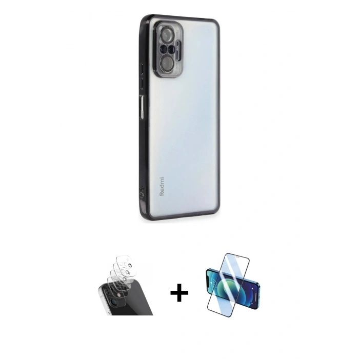 MARSİLYAN™- Redmi Note 10 Pro Kılıf Vadi Minimal - Siyah 3D Antistatik Cam Ekran Koruyucu + Kamera Lens Koruma Cam - SF