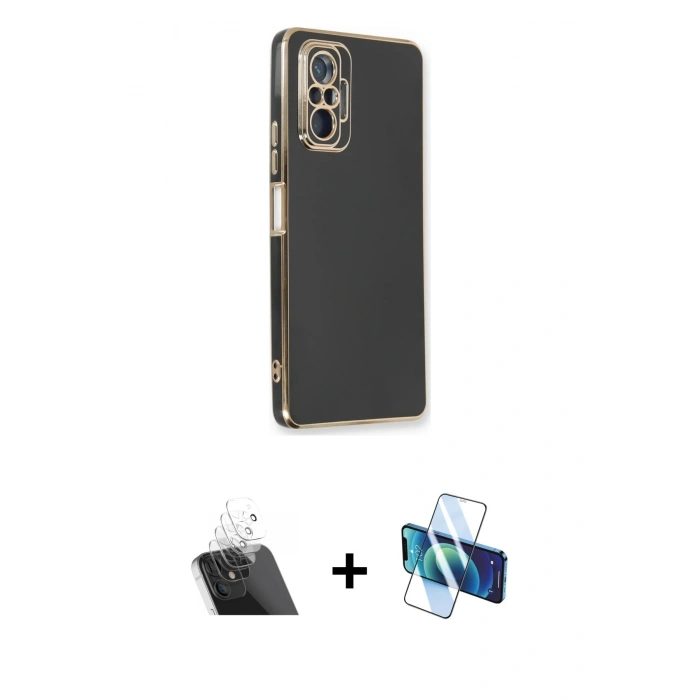 MARSİLYAN™- Redmi Note 10 Pro Kılıf Yankı Serisi - Siyah 3D Antistatik Cam Ekran Koruyucu + Şeffaf Kamera Lens Koruma Cam