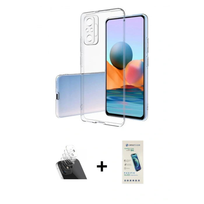 MARSİLYAN™- Redmi Note 10 Pro Kılıf Zirve Doku - Şeffaf Pasifik Cam Ekran Koruyucu + Kamera Lens Koruma Cam - SF