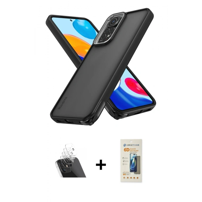 MARSİLYAN™- Redmi Note 11 Kılıf Atlas Form - Siyah 6D Mat Seramik Hayalet Nano Ekran Koruyucu + Kamera Lens Koruma Cam - SF