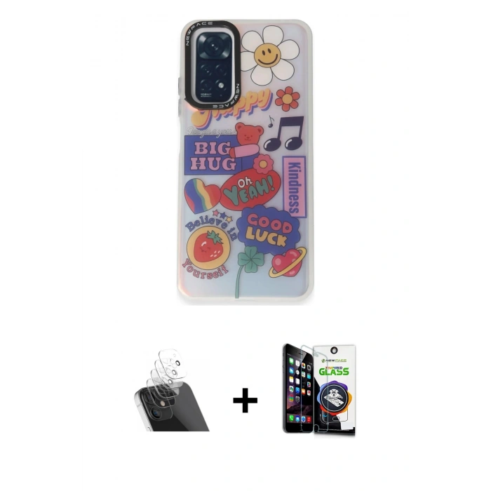 MARSİLYAN™- Redmi Note 11 Kılıf Siluet Çizgi Koleksiyonu - Şeffaf Temperli Cam Ekran Koruyucu + Kamera Lens Koruma Cam - SF