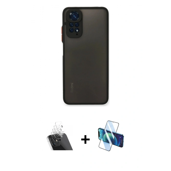 MARSİLYAN™- Redmi Note 11 Pro Kılıf Ahenk Çizgi Serisi - Siyah 3D Antistatik Cam Ekran Koruyucu + Kamera Lens Koruma Cam - SF