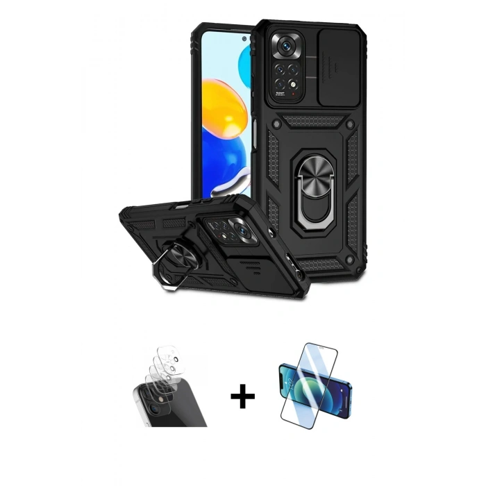 MARSİLYAN™- Redmi Note 11 Pro Kılıf Ahenk Klasik - Siyah 3D Antistatik Cam Ekran Koruyucu + Kamera Lens Koruma Cam - SF