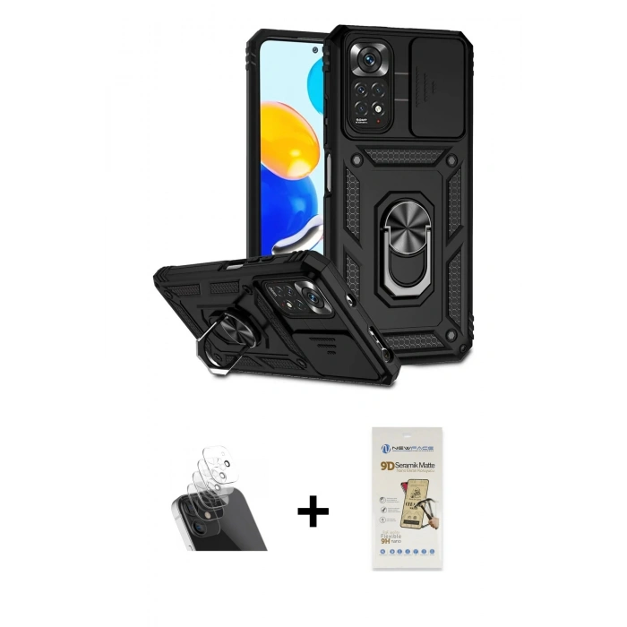 MARSİLYAN™- Redmi Note 11 Pro Kılıf Ahenk Klasik - Siyah Mat Seramik Nano Ekran Koruyucu + Şeffaf Kamera Lens Koruma Cam