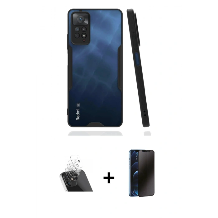 MARSİLYAN™- Redmi Note 11 Pro Kılıf Atlas Asil Serisi - Siyah 3D Antistatik Hayalet Cam Ekran Koruyucu + Kamera Lens Koruma Cam - SF