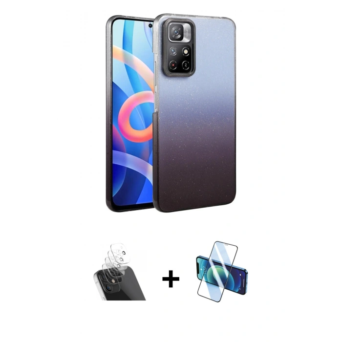 MARSİLYAN™- Redmi Note 11 Pro Kılıf Kıvılcım Minimal Özel Seri - Siyah 3D Antistatik Cam Ekran Koruyucu + Şeffaf Kamera Lens Koruma Cam