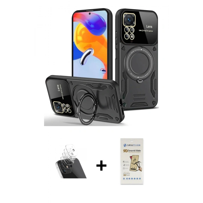 MARSİLYAN™- Redmi Note 11 Pro Kılıf Kıvılcım Modern Serisi - Siyah Mat Seramik Nano Ekran Koruyucu + Kamera Lens Koruma Cam - SF