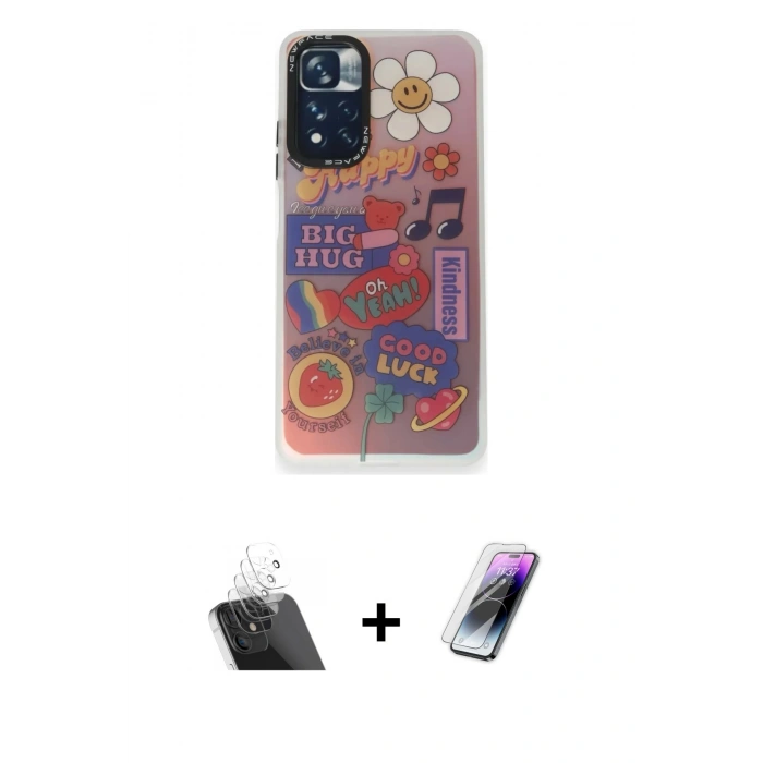 MARSİLYAN™- Redmi Note 11 Pro Kılıf Siluet Çizgi Koleksiyonu - Şeffaf Pasifik Cam Ekran Koruyucu + Kamera Lens Koruma Cam - SF