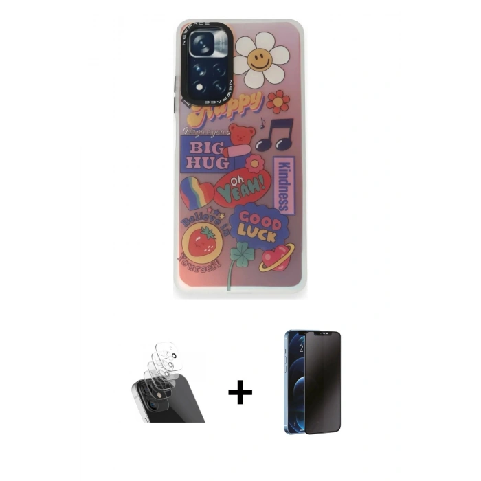 MARSİLYAN™- Redmi Note 11 Pro Kılıf Siluet Çizgi Koleksiyonu - Siyah 3D Antistatik Hayalet Cam Ekran Koruyucu + Kamera Lens Koruma Cam - SF