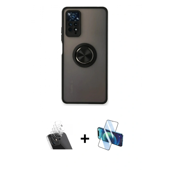 MARSİLYAN™- Redmi Note 11 Pro Kılıf Yörünge Çizgi - Siyah 3D Antistatik Cam Ekran Koruyucu + Şeffaf Kamera Lens Koruma Cam