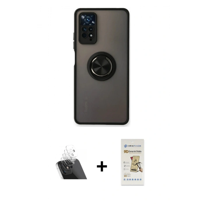 MARSİLYAN™- Redmi Note 11 Pro Kılıf Yörünge Çizgi - Siyah Mat Seramik Nano Ekran Koruyucu + Kamera Lens Koruma Cam - SF