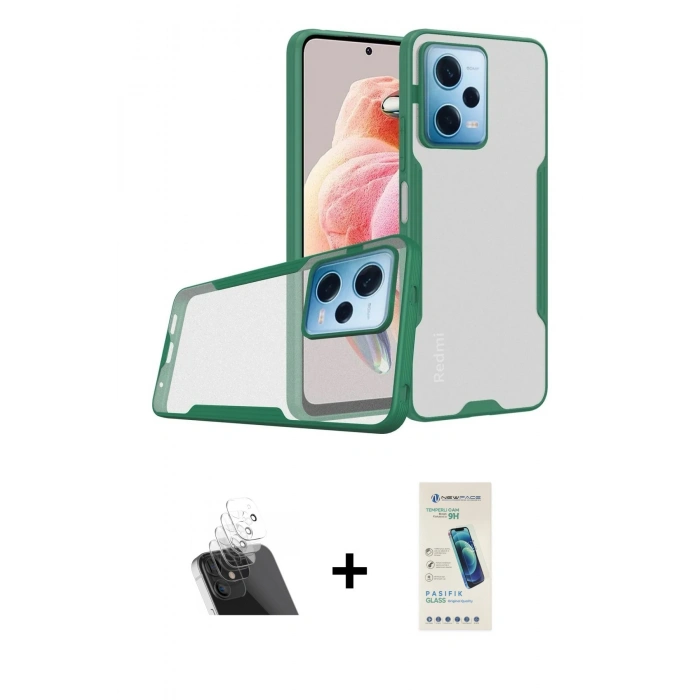 MARSİLYAN™- Redmi Note 12 5G Kılıf Atlas Asil Serisi - Şeffaf Pasifik Cam Ekran Koruyucu + Kamera Lens Koruma Cam - SF