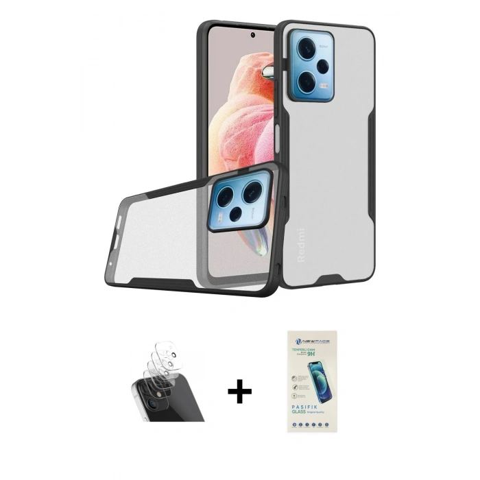 MARSİLYAN™- Redmi Note 12 5G Kılıf Atlas Asil Serisi - Şeffaf Pasifik Cam Ekran Koruyucu + Kamera Lens Koruma Cam - SF