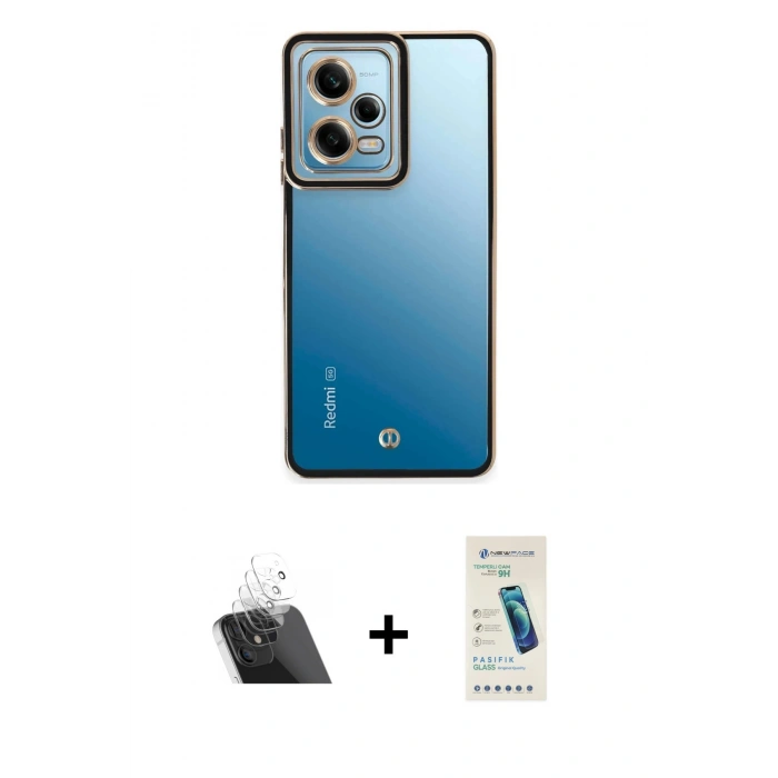 MARSİLYAN™- Redmi Note 12 5G Kılıf Çekirdek Klasik Serisi - Şeffaf Pasifik Cam Ekran Koruyucu + Şeffaf Kamera Lens Koruma Cam