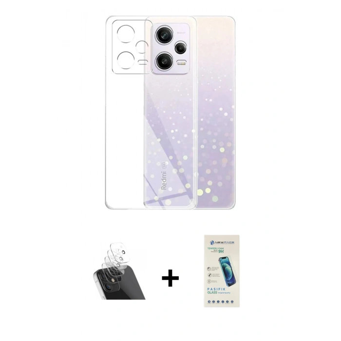MARSİLYAN™- Redmi Note 12 5G Kılıf Zirve Doku - Şeffaf Pasifik Cam Ekran Koruyucu + Kamera Lens Koruma Cam - SF