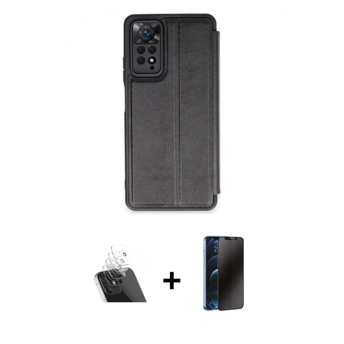 MARSİLYAN™- Redmi Note 12 Pro 4G Kılıf Zirve Yansıma Serisi - Siyah 3D Antistatik Hayalet Cam Ekran Koruyucu + Şeffaf Kamera Lens Koruma Cam
