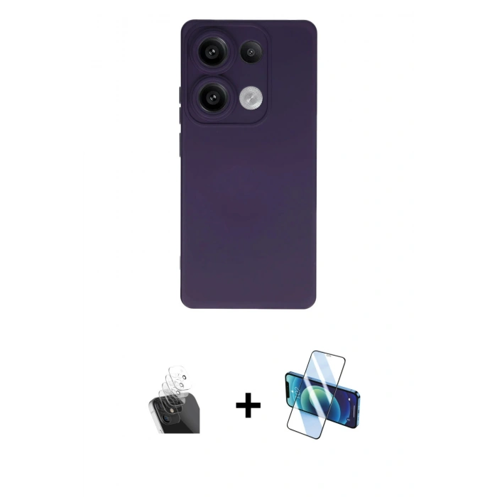 MARSİLYAN™- Redmi Note 13 4G Kılıf Ahenk Serisi - Siyah 3D Antistatik Cam Ekran Koruyucu + Şeffaf Kamera Lens Koruma Cam