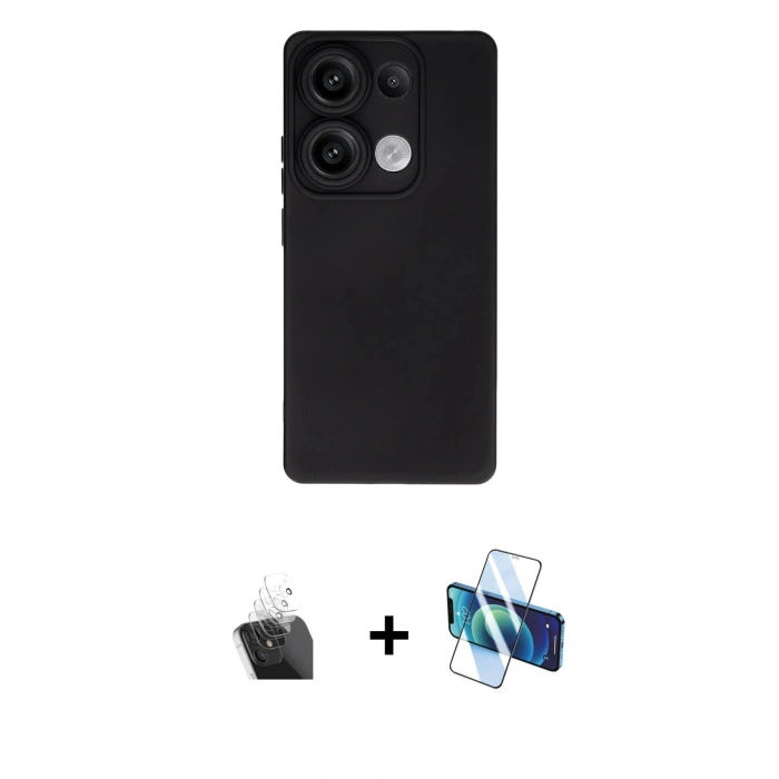 MARSİLYAN™- Redmi Note 13 4G Kılıf Ahenk Serisi - Siyah 3D Antistatik Cam Ekran Koruyucu + Şeffaf Kamera Lens Koruma Cam