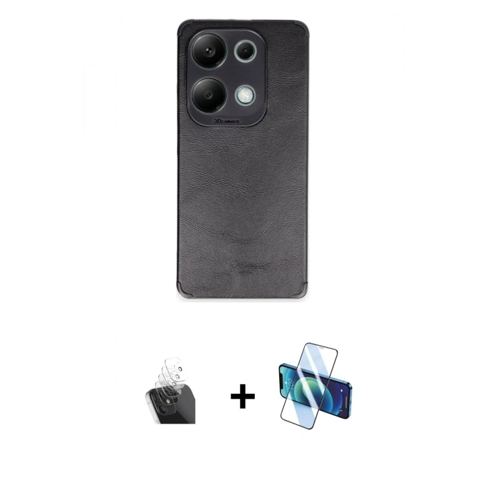 MARSİLYAN™- Redmi Note 13 4G Kılıf Doruk Asil Koleksiyonu - Siyah 3D Antistatik Cam Ekran Koruyucu + Kamera Lens Koruma Cam - SF