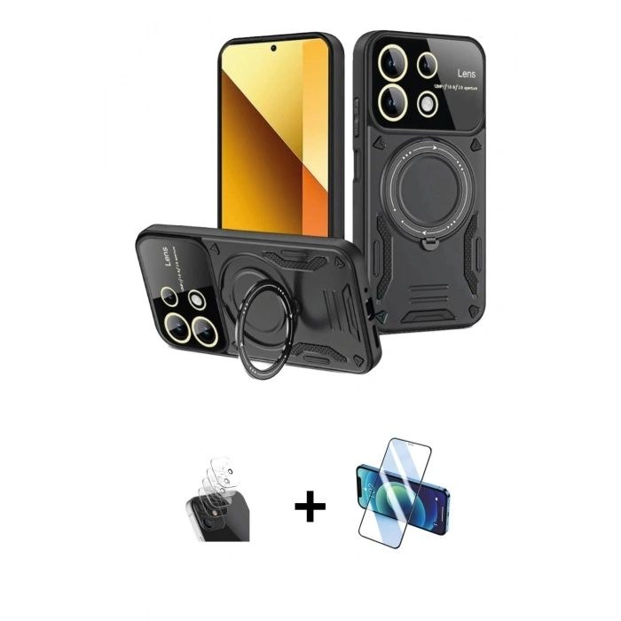 MARSİLYAN™- Redmi Note 13 4G Kılıf Kıvılcım Modern Serisi - Siyah 3D Antistatik Seramik Nano Ekran Koruyucu + Kamera Lens Koruma Cam - SF