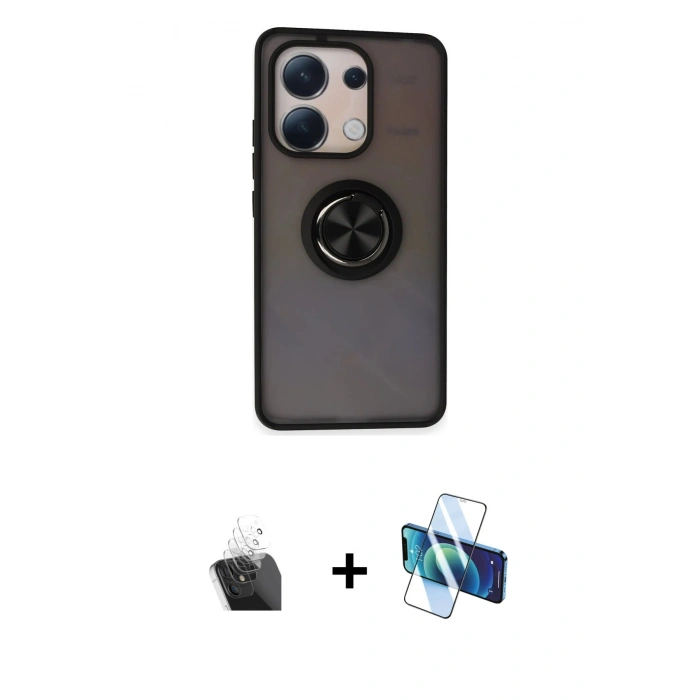 MARSİLYAN™- Redmi Note 13 4G Kılıf Yörünge Çizgi - Siyah 3D Antistatik Cam Ekran Koruyucu + Kamera Lens Koruma Cam - SF