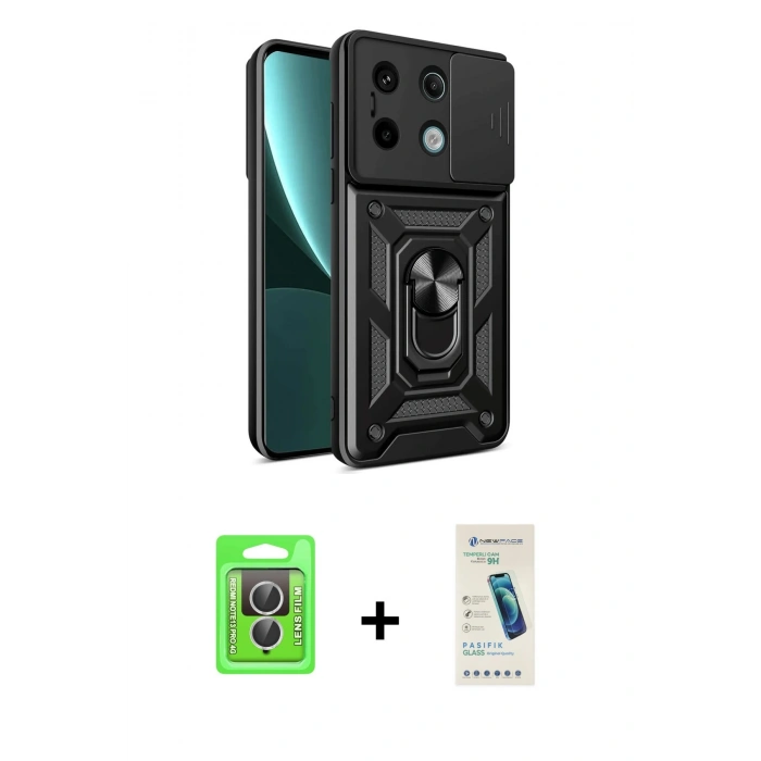 MARSİLYAN™- Redmi Note 13 Pro 4G Kılıf Ahenk Klasik - Şeffaf Pasifik Cam Ekran Koruyucu + Gümüş Raze Metal Kamera Lens