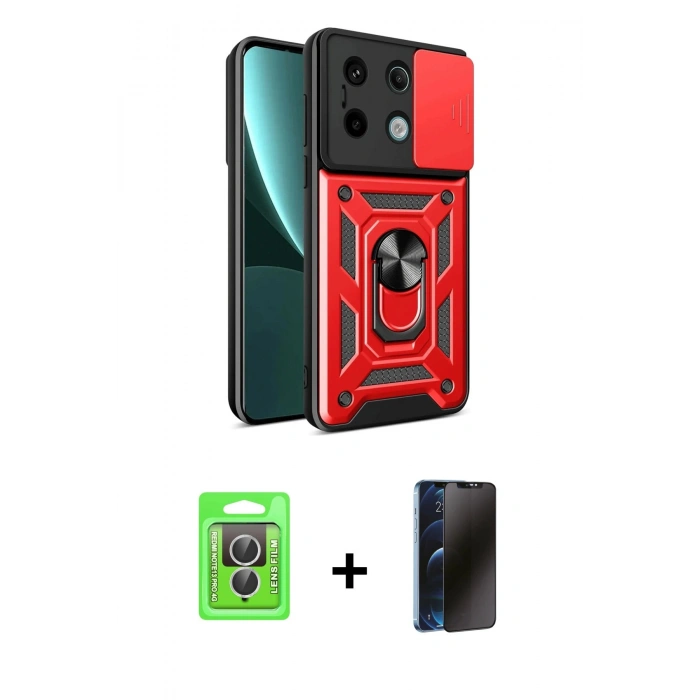 MARSİLYAN™- Redmi Note 13 Pro 4G Kılıf Ahenk Klasik - Siyah 3D Antistatik Hayalet Cam Ekran Koruyucu + Raze Metal Kamera Lens - GS