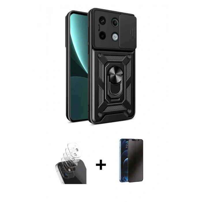 MARSİLYAN™- Redmi Note 13 Pro 4G Kılıf Ahenk Klasik - Siyah 3D Antistatik Hayalet Cam Ekran Koruyucu + Kamera Lens Koruma Cam - SF