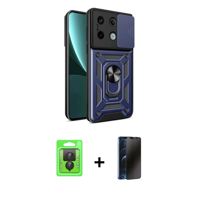 MARSİLYAN™- Redmi Note 13 Pro 4G Kılıf Ahenk Klasik - Siyah 3D Antistatik Hayalet Cam Ekran Koruyucu + Raze Metal Kamera Lens - SH