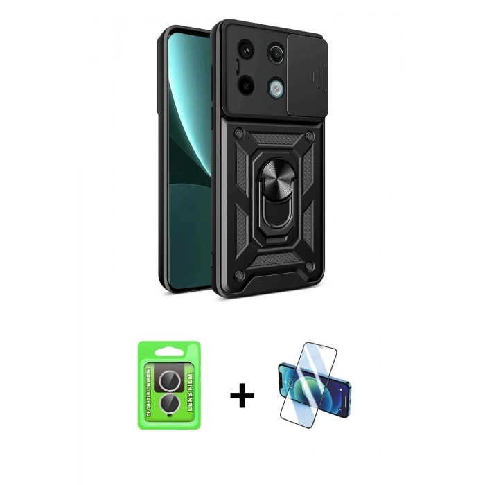MARSİLYAN™- Redmi Note 13 Pro 4G Kılıf Ahenk Klasik - Siyah 3D Antistatik Seramik Nano Ekran Koruyucu + Raze Metal Kamera Lens - GS
