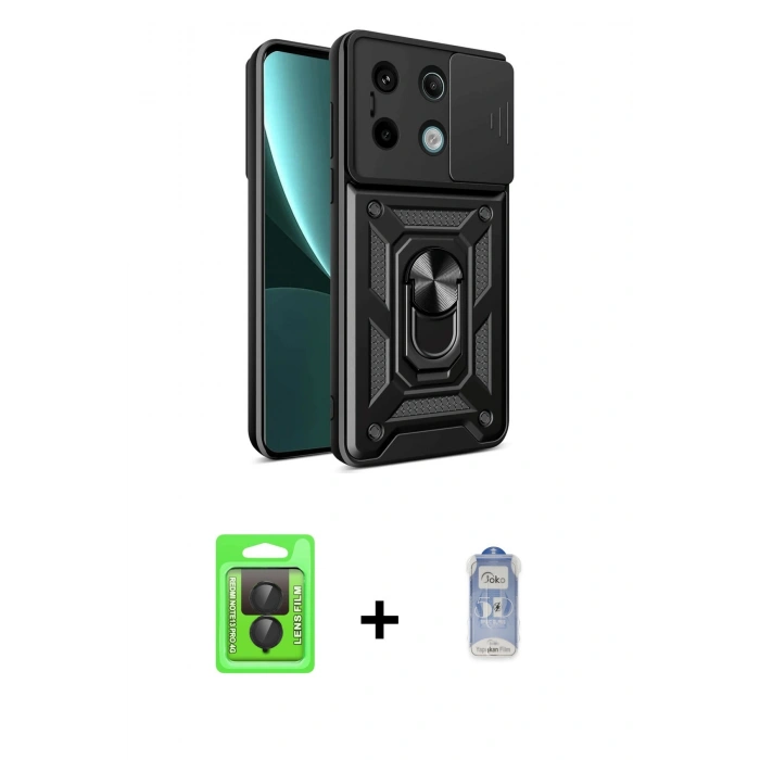 MARSİLYAN™- Redmi Note 13 Pro 4G Kılıf Ahenk Klasik - Siyah Joko Magic 5D Cam + Raze Metal Kamera Lens - SH
