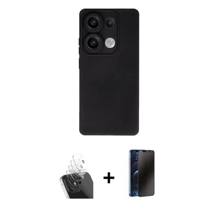 MARSİLYAN™- Redmi Note 13 Pro 4G Kılıf Ahenk Serisi - Siyah 3D Antistatik Hayalet Cam Ekran Koruyucu + Şeffaf Kamera Lens Koruma Cam