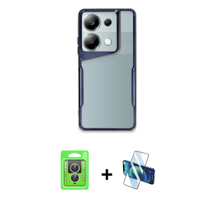 MARSİLYAN™- Redmi Note 13 Pro 4G Kılıf Akış Çizgi Koleksiyonu - Siyah 3D Antistatik Cam Ekran Koruyucu + Raze Metal Kamera Lens - GS