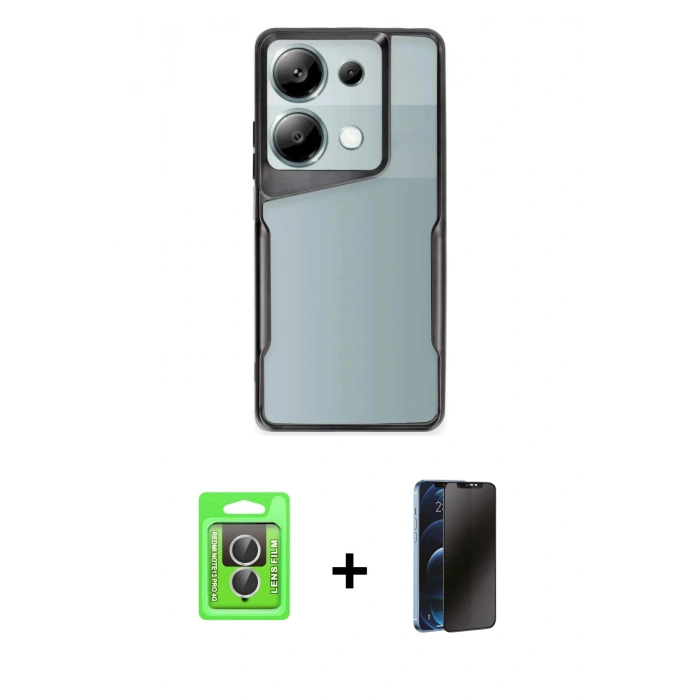 MARSİLYAN™- Redmi Note 13 Pro 4G Kılıf Akış Çizgi Koleksiyonu - Siyah 3D Antistatik Hayalet Cam Ekran Koruyucu + Raze Metal Kamera Lens - GS