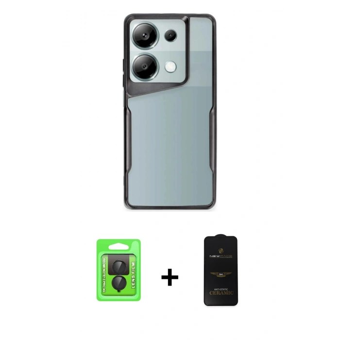 MARSİLYAN™- Redmi Note 13 Pro 4G Kılıf Akış Çizgi Koleksiyonu - Siyah 6D Antistatik Mat Seramik Hayalet Nano Ekran Koruyucu + Raze Metal Kamera Lens - SH