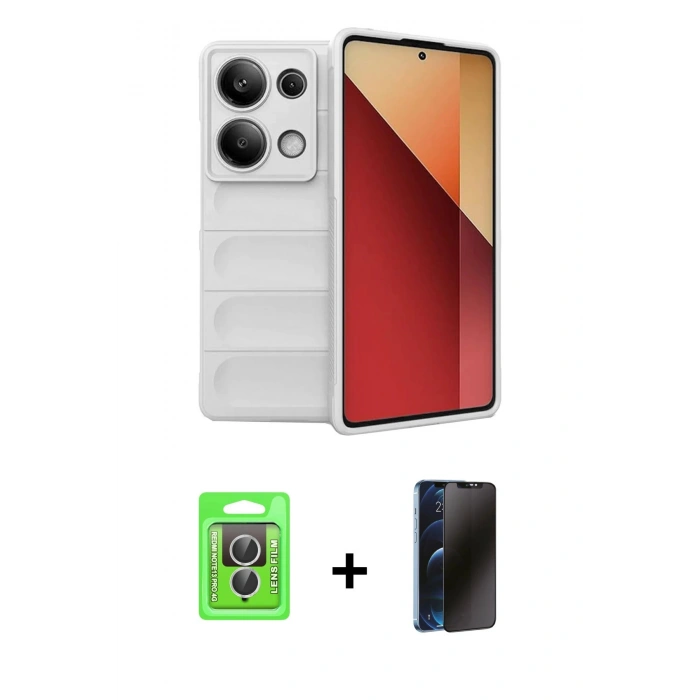 MARSİLYAN™- Redmi Note 13 Pro 4G Kılıf Atlas Koleksiyonu - Siyah 3D Antistatik Hayalet Cam Ekran Koruyucu + Raze Metal Kamera Lens - GS