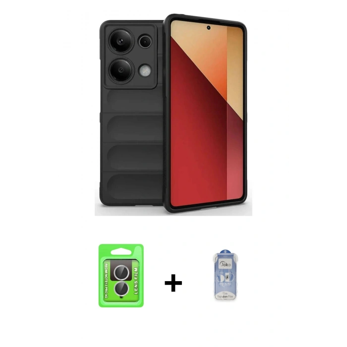 MARSİLYAN™- Redmi Note 13 Pro 4G Kılıf Atlas Koleksiyonu - Siyah Joko Magic 5D Cam + Raze Metal Kamera Lens - GS