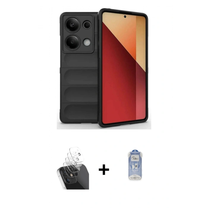 MARSİLYAN™- Redmi Note 13 Pro 4G Kılıf Atlas Koleksiyonu - Siyah Joko Magic 5D Cam + Kamera Lens Koruma Cam - SF