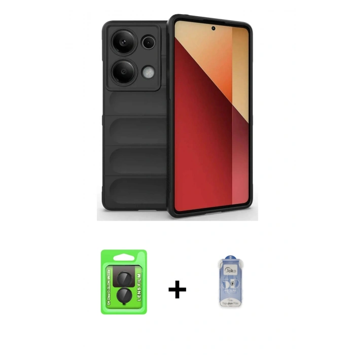 MARSİLYAN™- Redmi Note 13 Pro 4G Kılıf Atlas Koleksiyonu - Siyah Joko Magic 5D Cam + Raze Metal Kamera Lens - SH