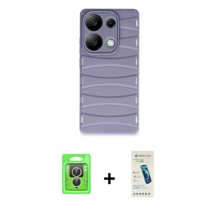 MARSİLYAN™- Redmi Note 13 Pro 4G Kılıf Doruk Form Serisi - Şeffaf Pasifik Cam Ekran Koruyucu + Gümüş Raze Metal Kamera Lens