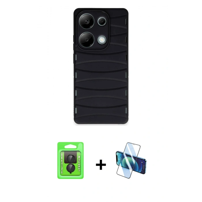 MARSİLYAN™- Redmi Note 13 Pro 4G Kılıf Doruk Form Serisi - Siyah 3D Antistatik Cam Ekran Koruyucu + Raze Metal Kamera Lens - SH