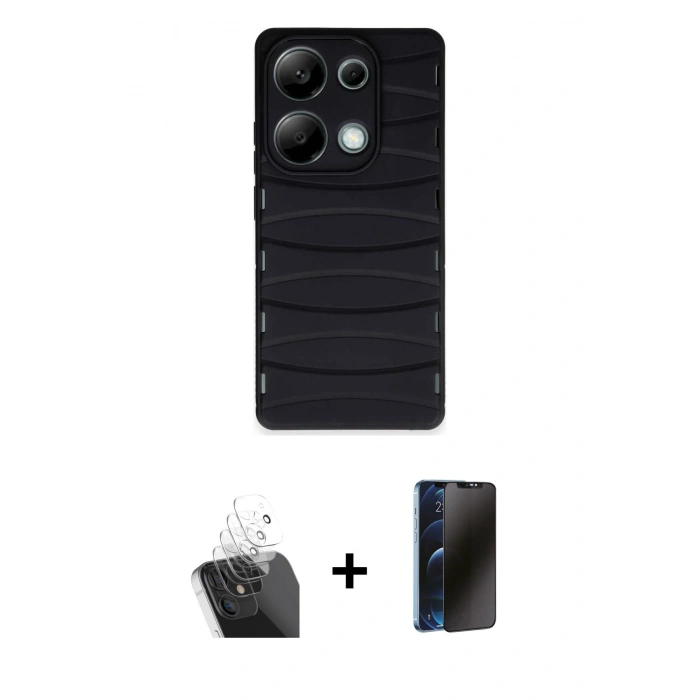 MARSİLYAN™- Redmi Note 13 Pro 4G Kılıf Doruk Form Serisi - Siyah 3D Antistatik Hayalet Cam Ekran Koruyucu + Kamera Lens Koruma Cam - SF